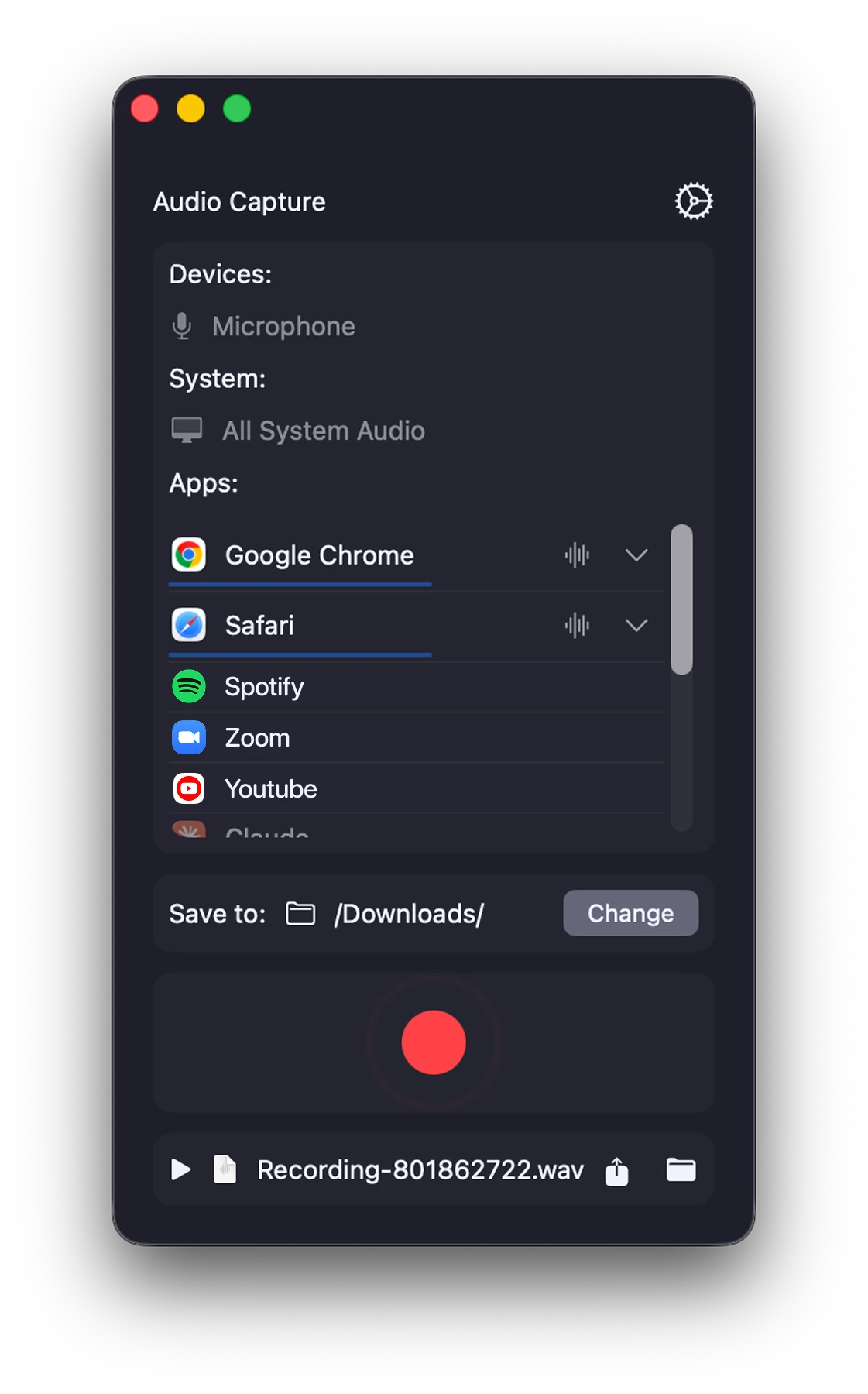 The Audio Capture window listing Google Chrome, Safari, Spotify, Zoom and YouTube as recordable sources, with a red record button.