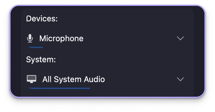 The Devices section of Audio Capture, with Microphone and All System Audio both selected.