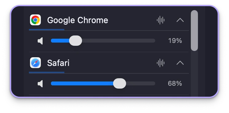 Volume sliders in Audio Capture: Google Chrome at 19 percent, Safari at 68 percent.